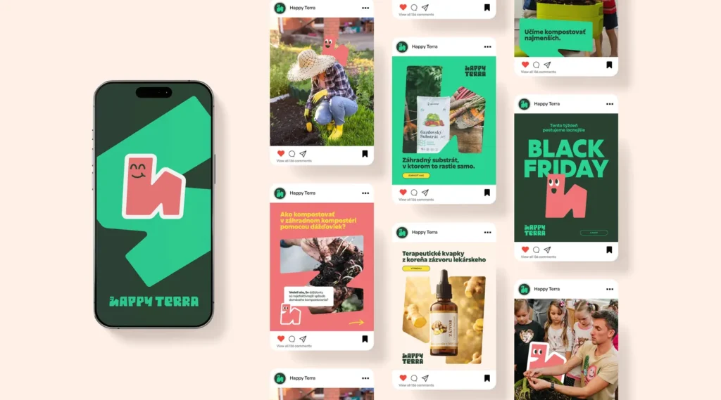 Ukážka mobilného profilu a série farebných príspevkov značky Happy Terra na sociálnych sieťach