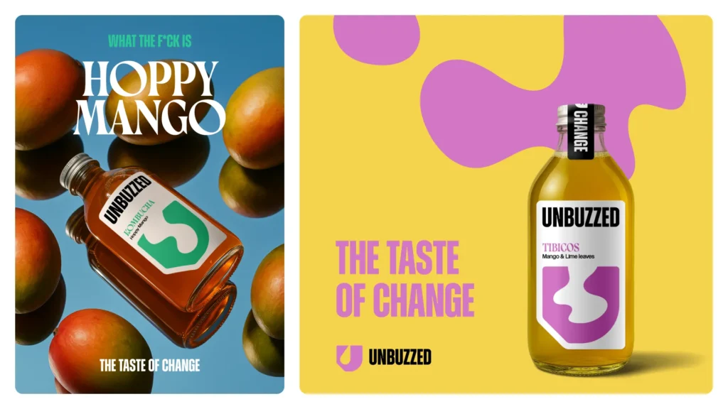 Dvojica farebných social media vizuálov UNBUZZED s príchuťami Hoppy Mango a Tibicos