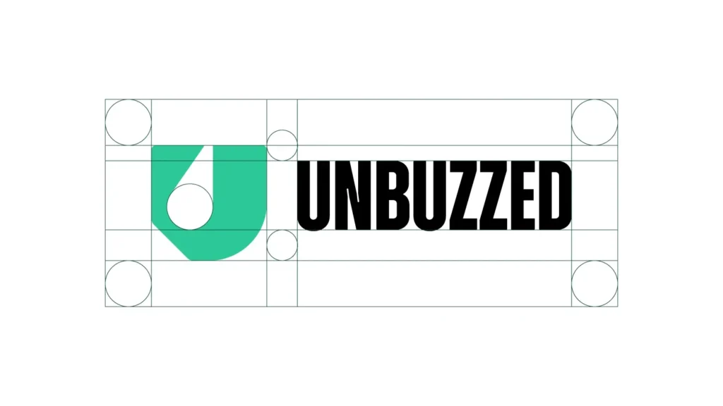 Logo UNBUZZED zakreslené v konštrukčnej sieti s proporciami symbolu a typografie