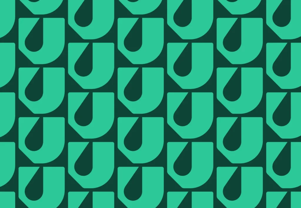 Opakujúci sa zelený pattern vytvorený z rôznych variantov fluidného symbolu UNBUZZED