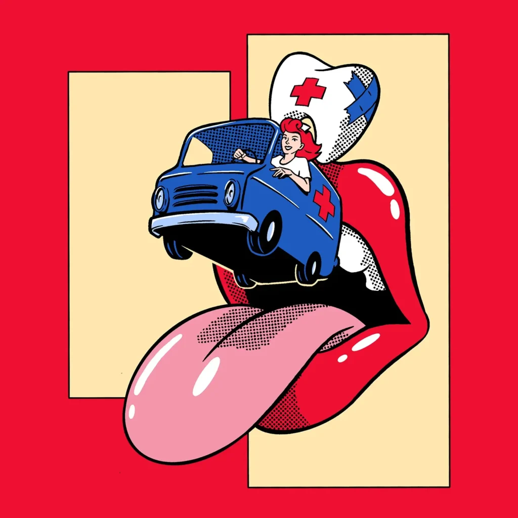 Autorská pop-artová ilustrácia sanitky vychádzajúcej z úst s vyplazeným jazykom