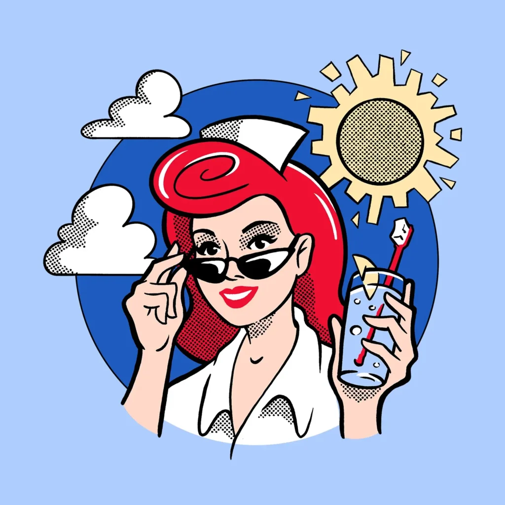 Autorská pop-artová ilustrácia sestričky so slnečnými okuliarmi a pohárom so zubnou kefkou