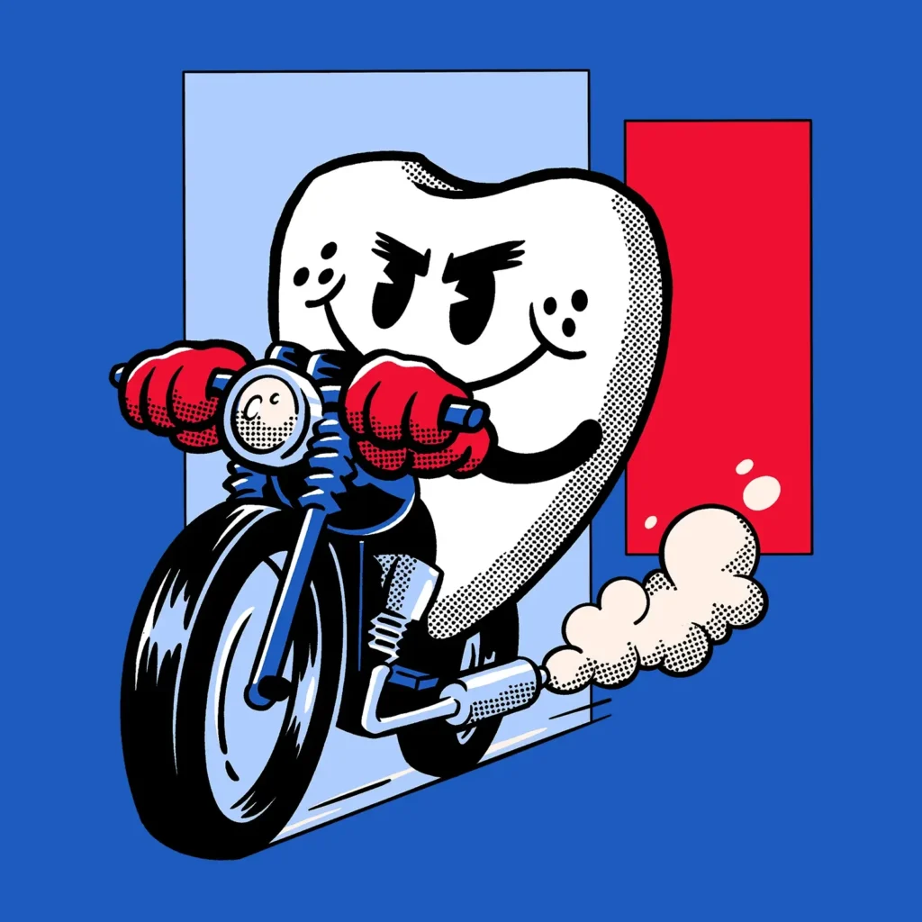 Autorská pop-artová ilustrácia usmiateho zuba jazdiaceho na motorke