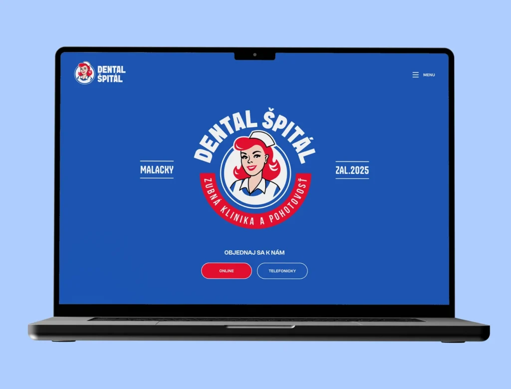 Úvodná stránka webu Dental Špitál s pop-artovým logom kliniky na notebooku