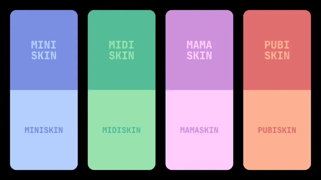 Farebná paleta TEOSKIN so samostatnou farbou pre kategórie MINISKIN, MIDISKIN, MAMASKIN a PUBISKIN