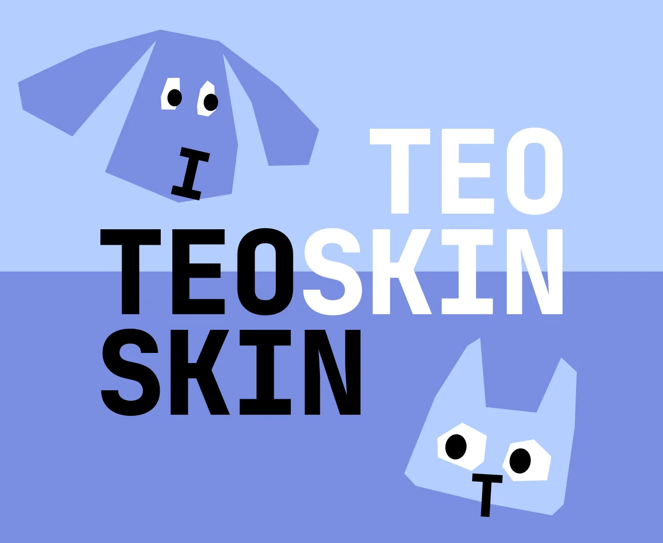 Skladaný lockup loga TEOSKIN doplnený vystrihnutými ilustráciami psíka a mačky v pastelovej modrej