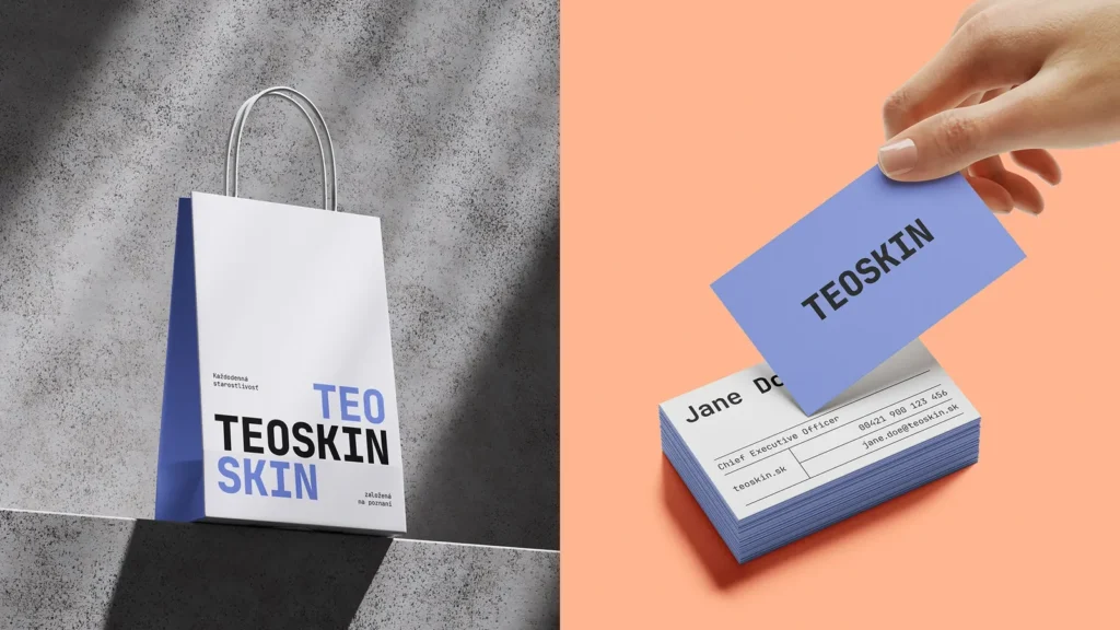 Papierová taška a vizitky TEOSKIN s logom v pastelovo modrej na koralovom pozadí