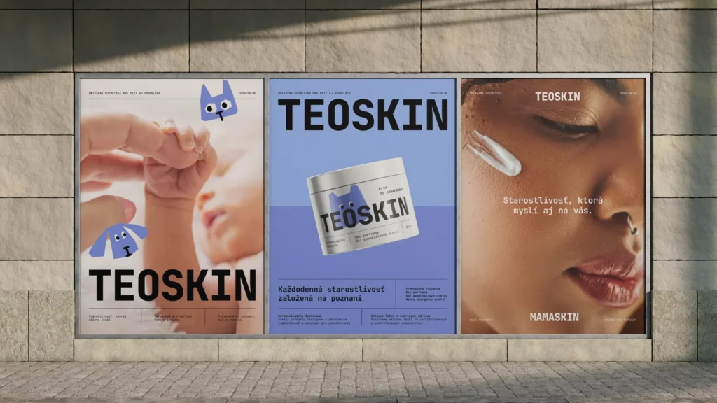 Trojica plagátov TEOSKIN na mestskej stene s produktom, ilustráciou a claimom o starostlivosti založenej na poznaní