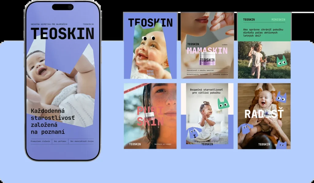 Mockup social media profilu TEOSKIN na mobile spolu s mriežkou kampaňových príspevkov