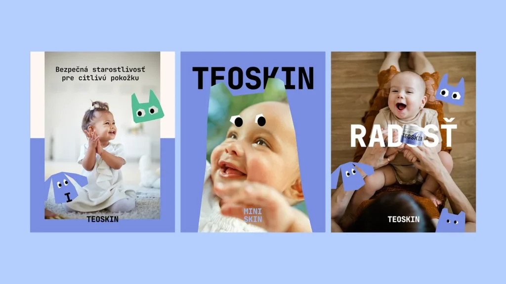 Tri social media vizuály TEOSKIN s fotkami detí, ilustráciami zvieratiek a nápisom RADOSŤ